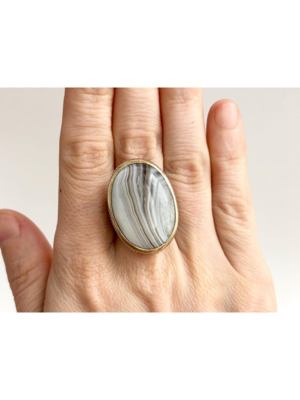 Grey Banded Agate Polished Cabochon Sterling Silver 925 Vintage Ring - sz 8 - Picture 12 of 16